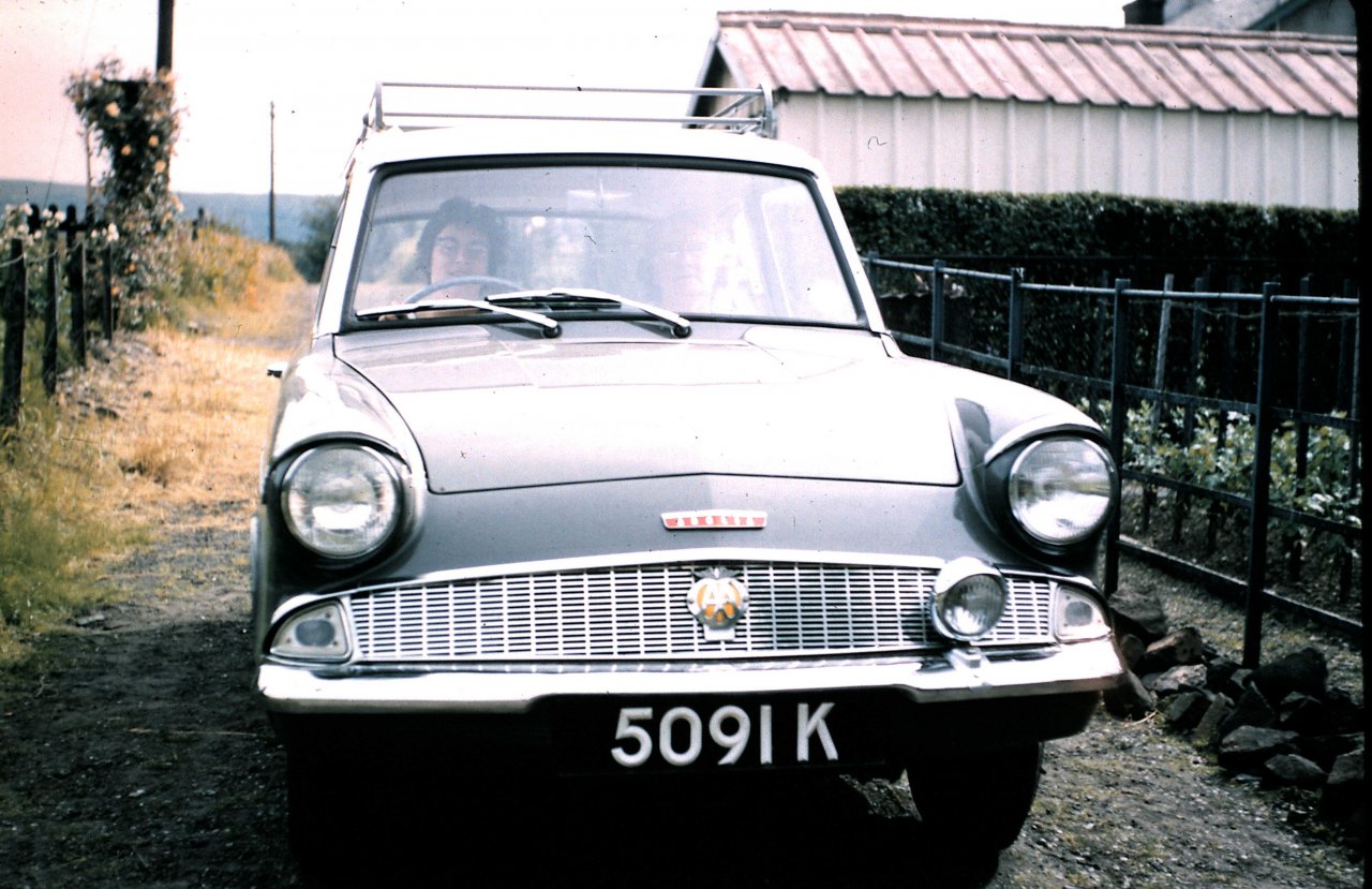 Ford Anglia, ca. 1963, at 57 Glenpatrick Road, Elderslie, Joyce Pender & May (Borthwick) Pender