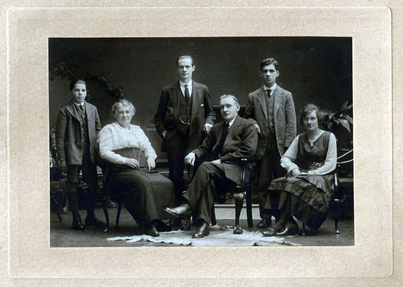 Family Portrait. Borthwick Family, ca.1920: John Burnett (Bon), Mother - Mary Crooks (Kennedy), Thomas (Tom), Father - John Burnett Borthwick, George, Mary (May)