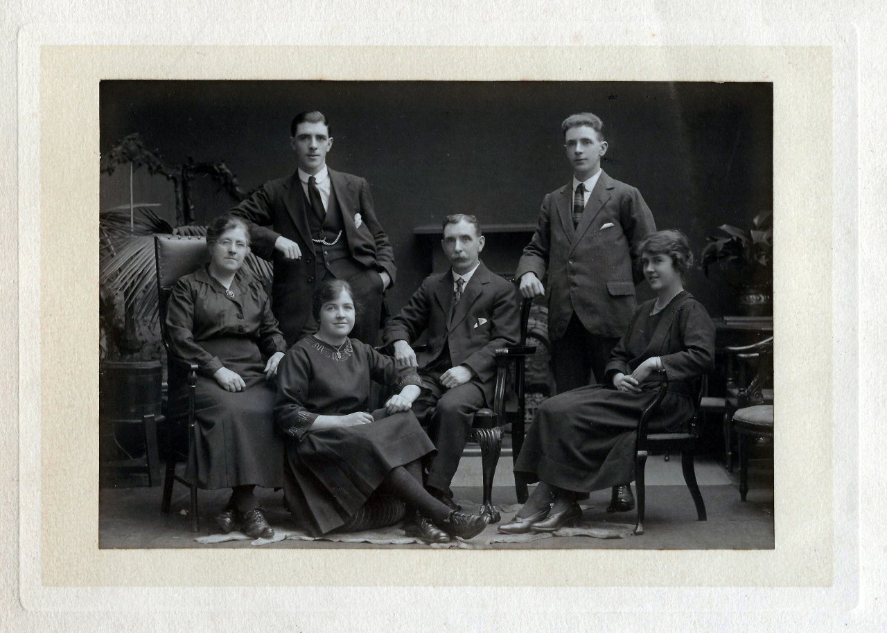 Photo of Pender Family, ca. 1920: Mother - Lillian (Stevenson), John Pender, Lily Pender, Father - John Pender, Allan Pender, Elizabeth (Elsie) Pender