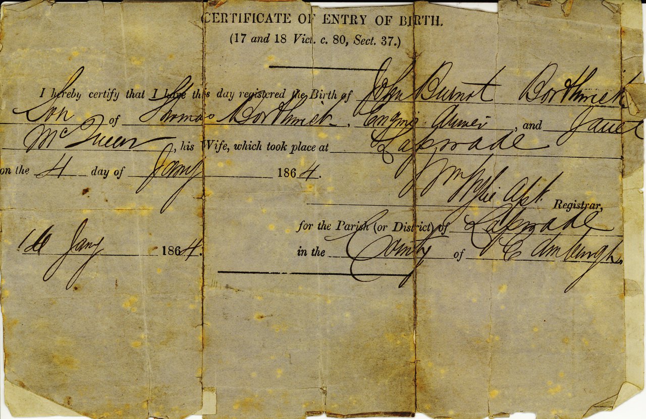 Scan of Birth Certiicate for John Burnett Borthwick, born 4/1/1864