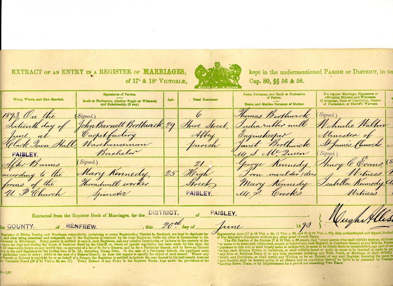 Marriage Certificate,: John Burnett Borthwick, 20th June 1893