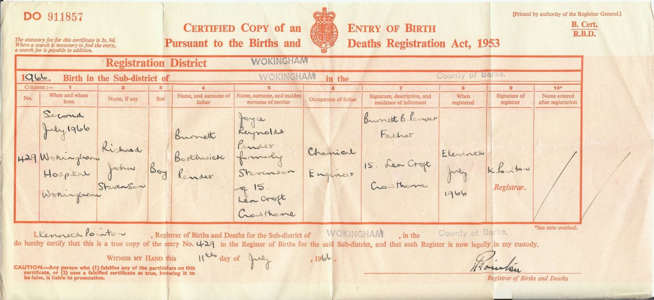 Birth Certificate, Richard John Stevenson Pender, 2/7/1966