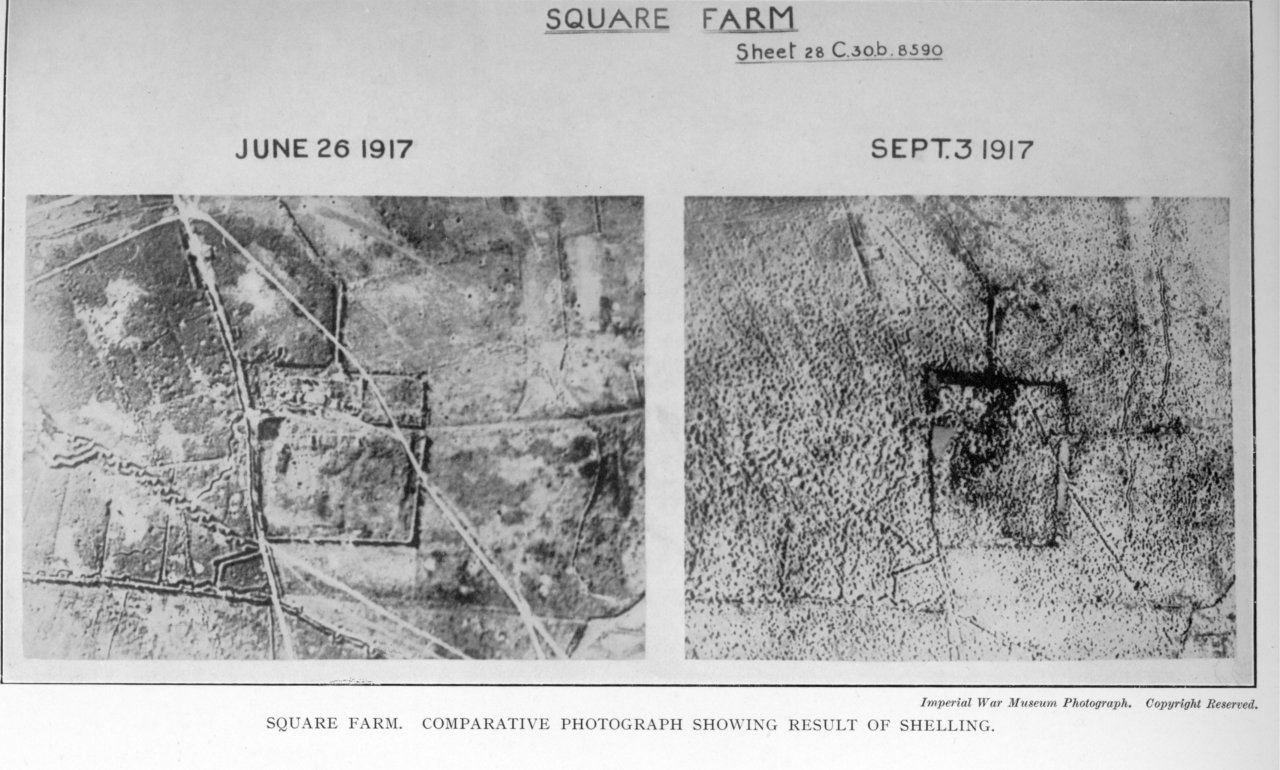 Square Farm, Ypres, 1917: Battle of Paschendaele. Comparative photograph showing result of shelling