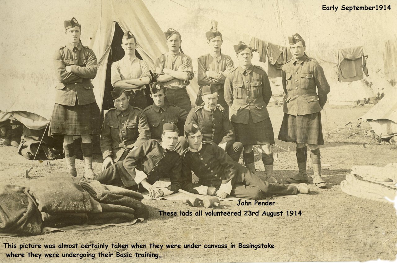 2nd Cameron Highlanders, early September, 1914, John Pender - front row, right