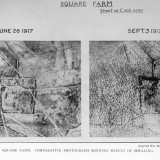 Square Farm, Ypres, 1917: Battle of Paschendaele. Comparative photograph showing result of shelling