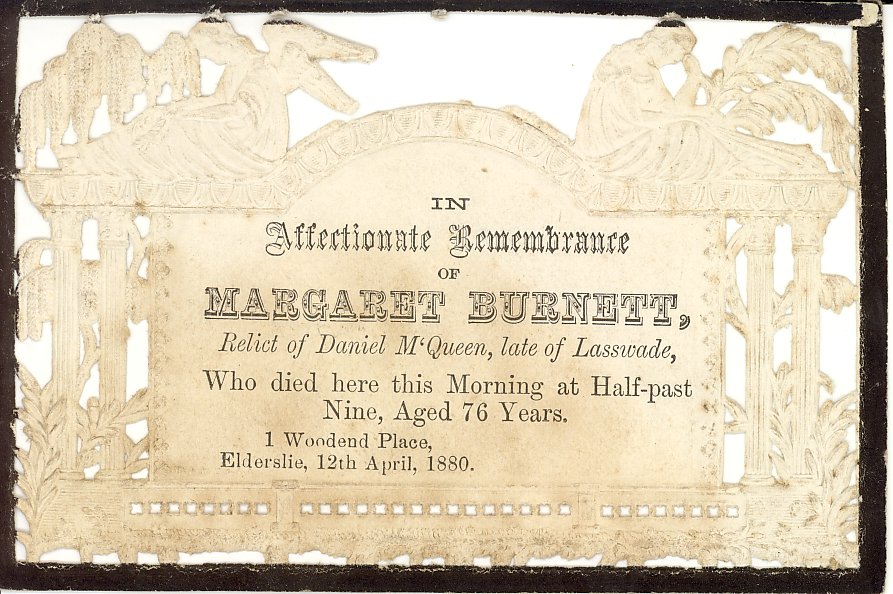 Margaret Burnett's Death Card, 12/4/1880